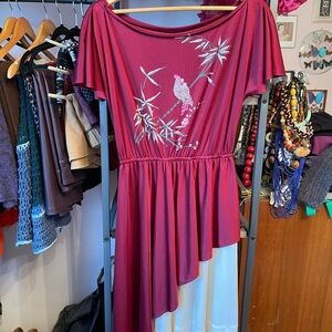 Vintage Asymmetrical Burgundy Dress with Bird Embroidery